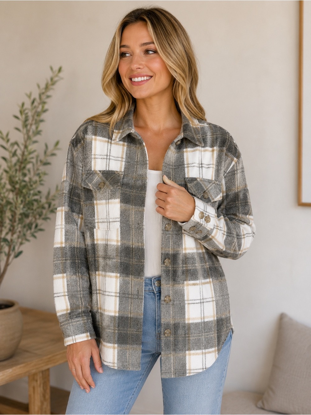 American Eagle Plaid Button Front Shacket XS | Gray & Ivory | Like New - Picture 1 of 9